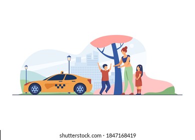 Woman with children catching taxi. Kid, vehicle, city flat vector illustration. Transportation and urban lifestyle concept for banner, website design or landing web page