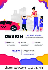 Woman with children catching taxi. Kid, vehicle, city flat vector illustration. Transportation and urban lifestyle concept for banner, website design or landing web page