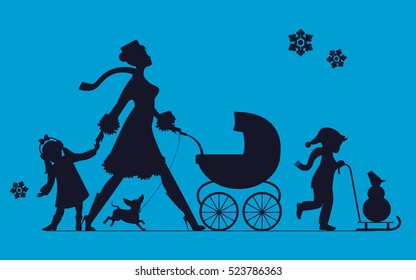 Woman with children and dogs. Super mother walks with children. Vector silhouette