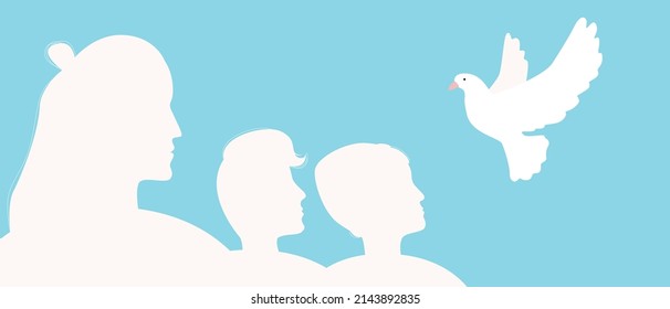 Woman with children with dove as symbol of world. Silhouette vector stock illustration. Boy and girl are isolated against sky. Concept of freedom, solidarity of mankind