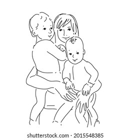 Woman with children in line drawing. Sketchy maternity concept. Outline simple artwork with editable stroke. Vector illustration.