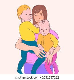 Woman with Children in Linear Drawing. Vector Sketchy Maternity Concept. Outline Simple Artwork with Editable Stroke.