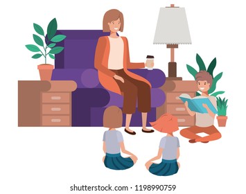 woman with children in living room avatar character