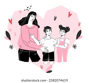 Woman with children for Mothers day or Women day cards and banners, flat vector illustration isolated on white.   Greeting card for mother.