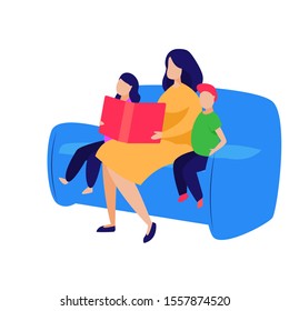 Woman and children reading. Family, relationship, parenting flat vector illustration. Family concept for banner, website design, landing web page