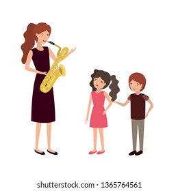 woman with children and saxophone character