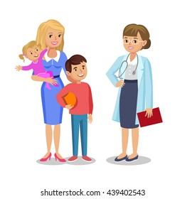 Woman with children visit doctor. Mother and her babies with pediatrist. Vector illustration