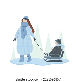 Woman and children walking outdoors in winter. Winter, woman carry children on a sled. Flat Vector illustration.