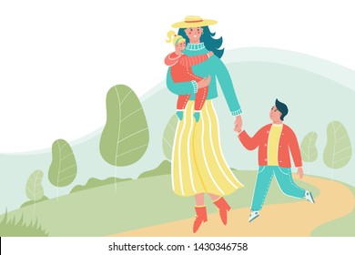 Woman with children walking in the park with a place for your text. Happy mother with children having fun together. Mom holding daughter and son by hand. 
