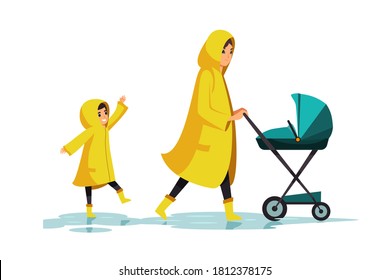 Woman with children walking in rainy weather. Mother in raincoat going with joyful happy child and baby in stroller. Autumn bad weather vector illustration. People in rain storm.