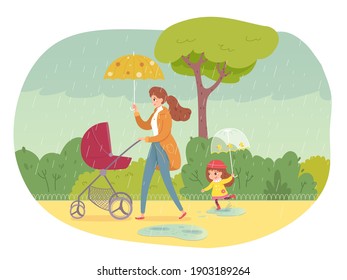 Woman with children walking in rainy weather. Mother in coat going with joyful happy child and baby in stroller. Autumn bad weather vector illustration. People in rain storm.