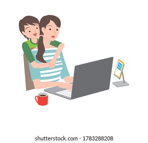 Woman and children who operate telecommute and personal computers
