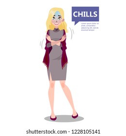 Woman with a chill. Symptom of disease. Girl feel cold and shiver. Flu or cold. Flat vector illustration