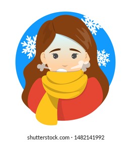 Woman with a chill. Symptom of disease. Girl feel cold and shiver. Flu or cold. Vector illustration in cartoon style