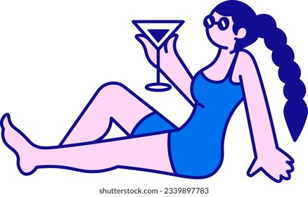 Woman Chilling And Drinking Vector Summer Illustration
