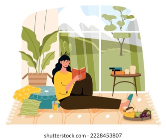 Woman chilling indoors. Young girl with books in apartment. Education and learning, love class iteration. Holidays and weekends, comfort and coziness in house. Cartoon flat vector illustration