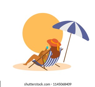 woman chilling on sunchair on the beach on vacation back view isolated cartoon vector graphic