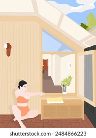 Woman Chilling Out and Stretching on the Front Porch Deck