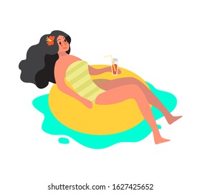 Woman chilling in a pool. Girl relaxing on inflatable mattress with a cocktail. Summer vacation. Vector flat illustration