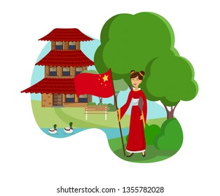 Woman from China Flat Color Vector Illustration. Lady in Chineese Clothing Cartoon Character. Travel to East. Happy Girl in Dress, Robe Holding China Flag. Ducks Swimming in Pond, Pagoda