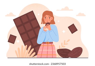 Woman with chocolate concept. Young girl with candies and sweet products. Person with dessert and delicacy. Character with chocolate bars and cocoa seeds. Cartoon flat vector illustration