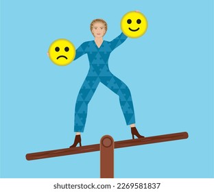 Woman and choice to be happy or sad or vote yes or no. Vector illustration.