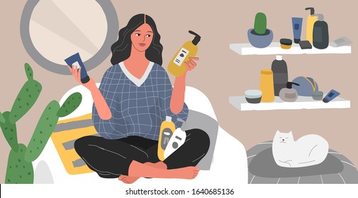 Woman choice beauty products, sit in scandinavian home interior. Natural cosmetics, eco products choosing. Beauty blogger review cosmetics. Makeup, skincare, fashion. Cartoon vector