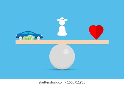 Woman choice flat concept with money coins car and red heart on different sides of seasaw and lady icon between them. Vector illustration
