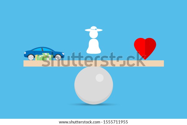 Woman choice flat concept with money coins\
car and red heart on different sides of seasaw and lady icon\
between them. Vector\
illustration