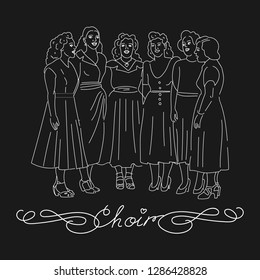 Woman choir singing. Group of people singing. White lines cartoon characters on black background. Vector illustration.