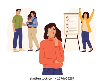 Woman choose between family and work. Life choice, successful female characters. Cartoon parents with baby, good employee and thinking girl vector concept