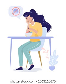 Woman choose between healthy and junk food. Calorie control and diet concept. Idea of weight loss. Isolated flat vector illustration