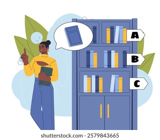 Woman choose books in library. Young girl near bookshelves with textbooks and fiction. Love for reading and literature. Education and learning, training. Flat vector illustration