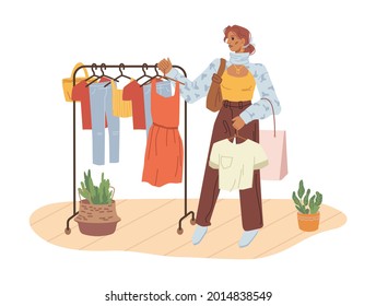 Woman choose cloth hanging on hangers isolated flat cartoon character. Vector girl shopper going to try on yellow shirt and red dress. Shopping lady in clothing store mall, buyer in shop