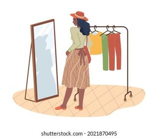 Woman choose cloth hanging on hangers isolated flat cartoon character. Vector girl shopper going to try on yellow shirt and red dress. Shopping lady in clothing store mall, buyer in shop