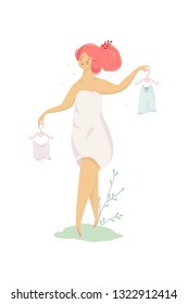 Woman choose clothes. Girl holding hanger with shirt. Beauty and elegance. Isolated vector illustration in cartoon style