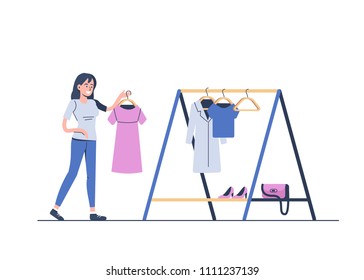 Woman choose clothes from her wardrobe. Flat style cartoon vector illustration isolated on white background.
