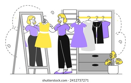 Las mujeres eligen la ropa en un armario lineal. Jovencita con coloridos vestidos cerca del espejo. Moda, tendencia y estilo. Traje de búsqueda de caracteres y ropa. Ilustración del vector plano Doodle