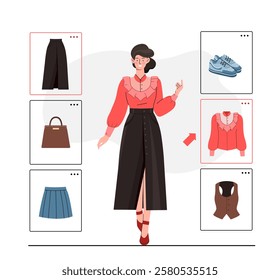 Woman choose clothes. Young girl in red blouse, black skirt with brown bag. Model in stylish clothes walks down catwalk. Fashion, trend and style. Flat vector illustration