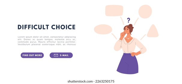 Woman choose and doubt. Choose complex ways concept. Different options, opportunities concept. Flat vector illustration