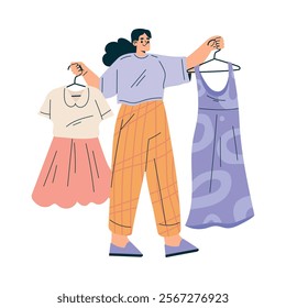 Woman Choose Dress and Costume at Shooting Film Movie Production Scene Vector Illustration