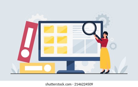 Las mujeres eligen archivos. Niña con lupa en las manos evalúa la pantalla de la computadora. Tecnologías digitales e información en computadoras. Departamento de archivo y análisis. Dibujo vectorial plano de dibujos animados