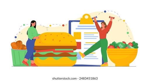 La mujer elige la comida. Chicas jóvenes cerca de Grande ensalada y hamburguesa. Comer sano versus comer mal. Estilo de vida activo y dieta adecuada, nutrición. Quita la comida. Ilustración vectorial plana