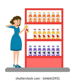 Woman choose juice in the supermarket vector isolated. Customer in the product store. Shelf with bottles assortment.