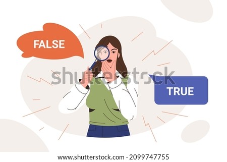 Woman choose option between false and true in speech bubbles flat vector illustration. Astonished girl looking through magnifying glass and comparing untruth and honest. Woman doubting and thinking.