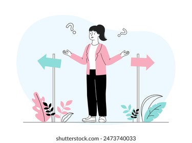 Woman choose path. Young girl stands near road signs. Metaphor of decision making and thinking. Direction and solution, pathway. Linear flat vector illustration isolated on white background