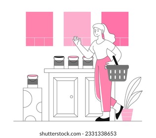 Woman choose pink paint line concept. Young girl with basket in kitchen. Modern interior, renovation in room or apartment. Comfort and cosiness in house. Linear flat vector illustration