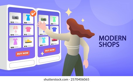 Woman choose products without employees. woman doing fashion shopping and using a self-checkout, Self Service Kiosk. Choose the goods you need online without having to go to the supermarket, vector