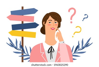 Woman choose way. Thoughtful female character in doubt. Cute cartoon girl and direction road sign, find solution vector concept