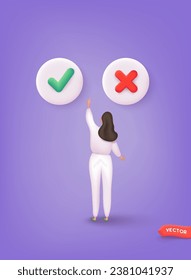 Woman choose YES or NO. Concept of choice, selection, answer, reply, accept of refuse. 3D Web Vector Illustrations.